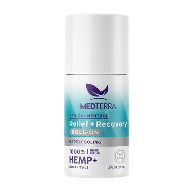 A cylindrical, white bottle of Medterra CBD Rapid Recovery Roll On with arnica, menthol, and 1000 mg hemp. The label features a green-to-blue gradient and highlights that it is THC-free while emphasizing joint and muscle support. The bottle contains 2 fl oz (60 ml).